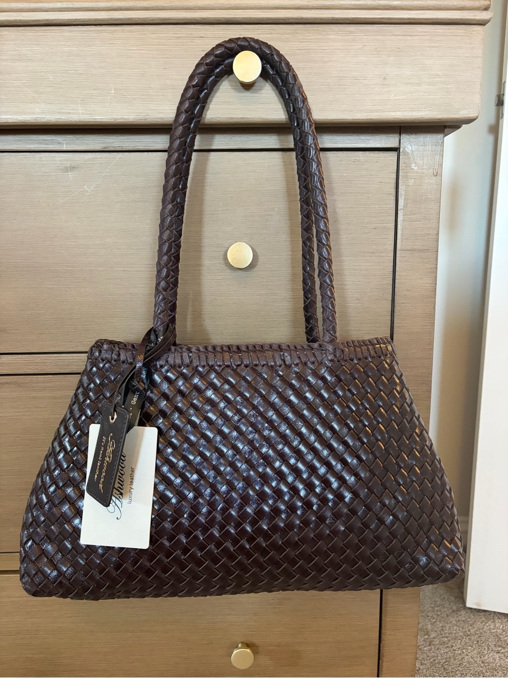 NWT Chocolate Brown Woven Genuine Leather Santa Croce Tote Bag Dragon Ashwood